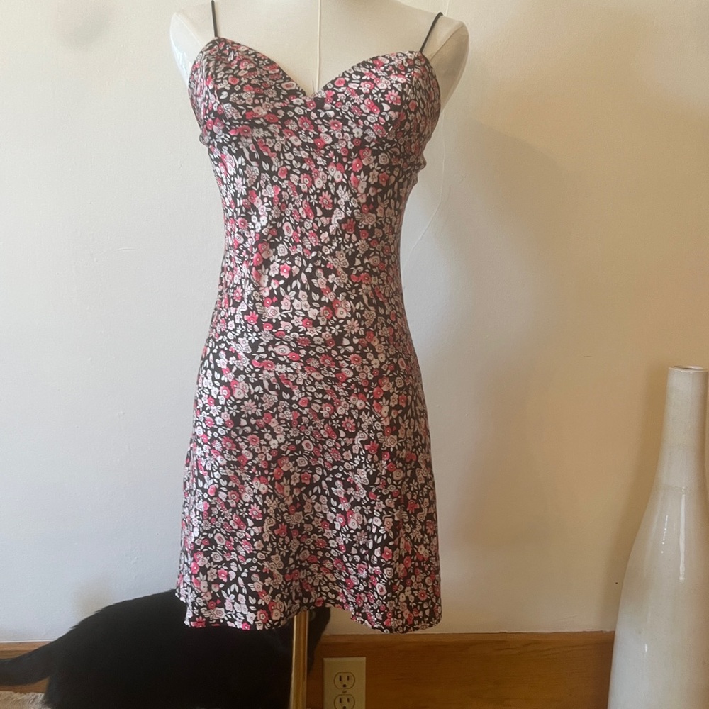 Lioness Black Floral Slip Dress with Pink & White Blossoms X-Small Like New